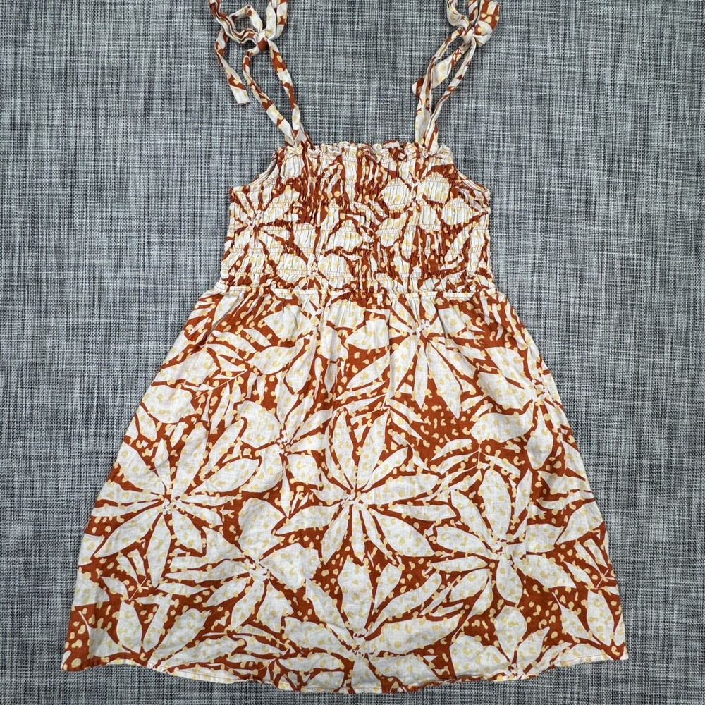 Nicole Miller Dress Womens Medium Linen Floral Smocked Mini Tie Straps Brown